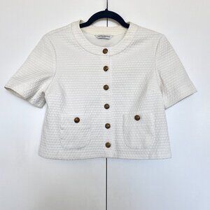 Amanda Uprichard | White tweed short sleeve preppy gold button blouse | Size S